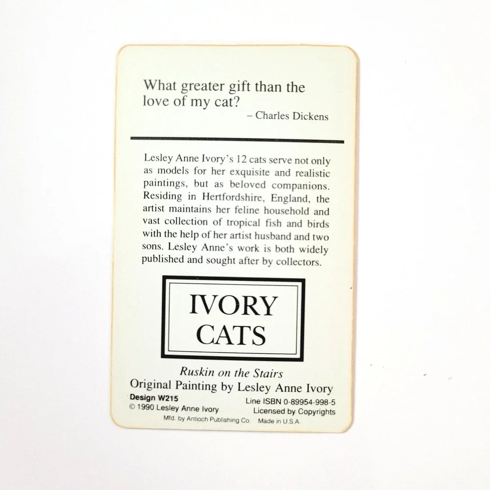 Vintage 90s Ivory Cats Card Bookmark Ruskin Stairs 1990 Lesley Anne Antioch W215